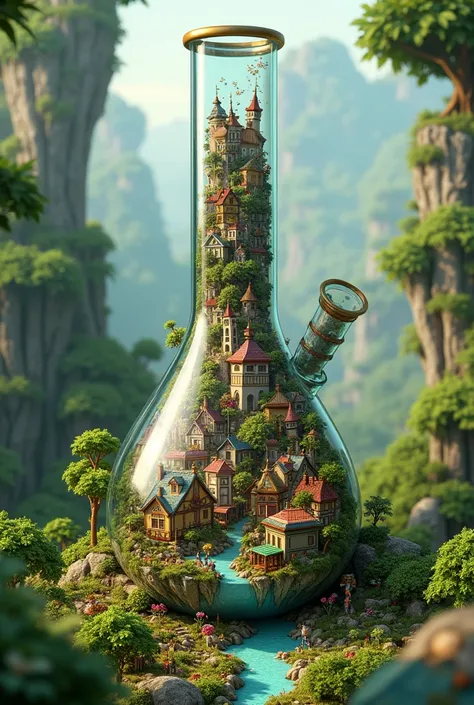 A large clear bong with a cute city living inside. Lots of vegetation and houses  