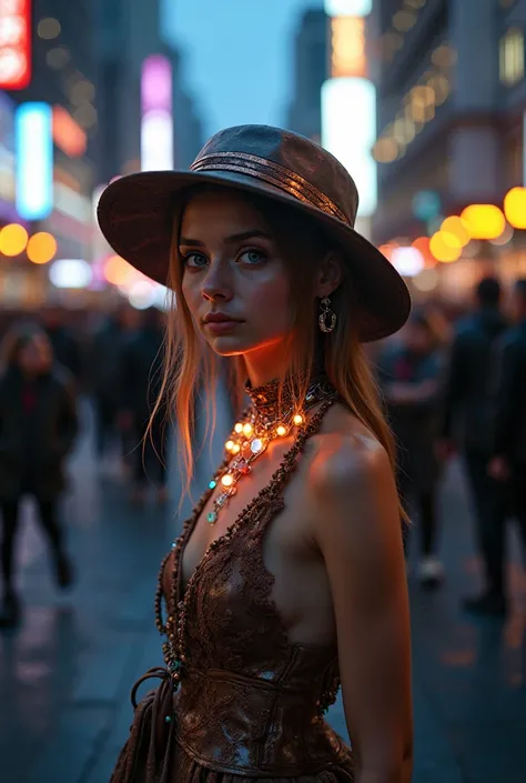  A third girl with Slavic appearance stands out with a hat with copper details and glowing neon accents.  Her look is complemented by :  glowing crystals around her neck ,  with holographic displays .  Her dress is decorated with rotating ,  accessories th...