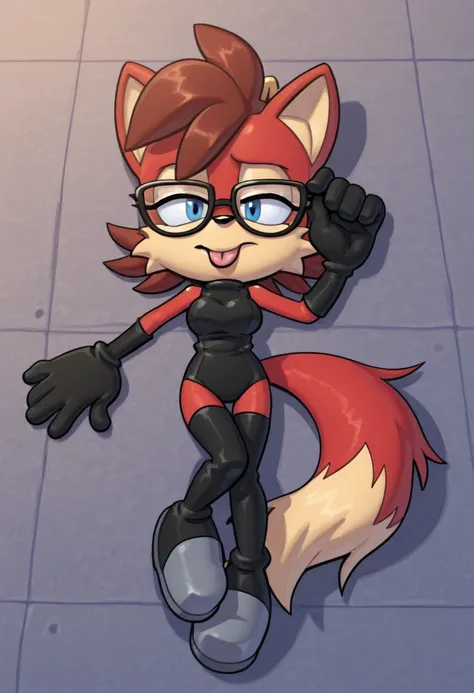 Fiona The Fox,a drawing of a drawing that depicts a young female with glasses lying on the floor, 1girl, solo, blue eyes, breasts, gloves, tongue, glasses, thighhighs