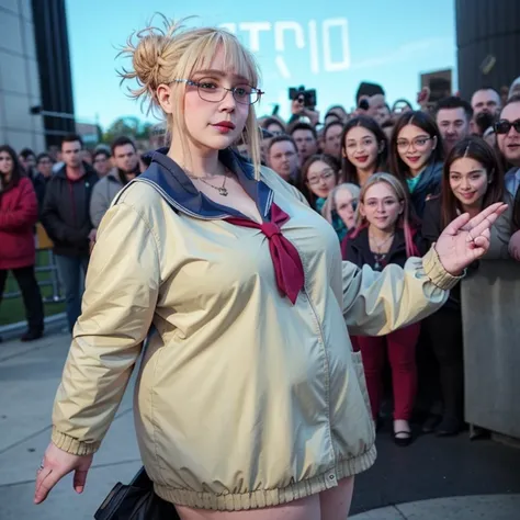 ((((bbw )))) a woman with glasses and a dress, long hair, breasts, blue eyes, blonde hair, large breasts, cleavage, jacket, hairband, necklace, lips, tattoo, ring, round eyewear, selfie, arm tattoo, leg tattoo