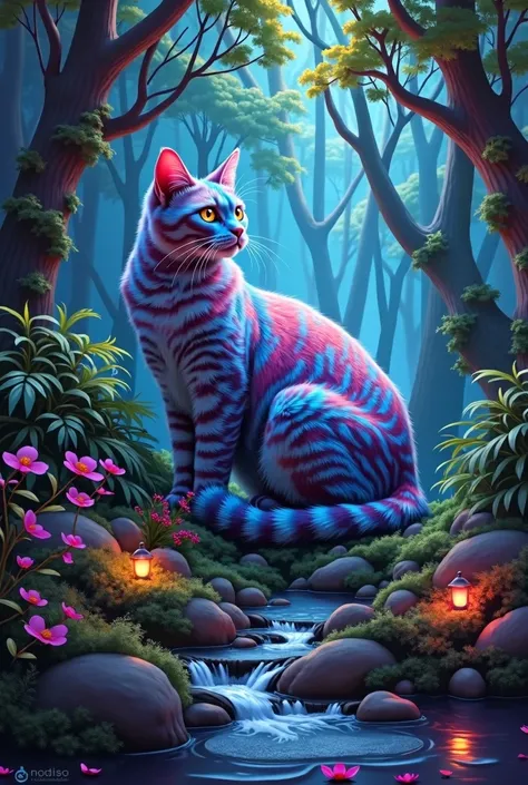 painting of a cat in a forest with a stream of water, an airbrush painting inspired by Tim White, cg society contest winner, psychedelic art, cat in the forest, mysterious jungle painting, psychedelic forest, in the magical forest, tim white art. 64 megapi...