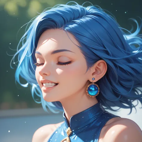 High Resolution, Best Quality, HD, High Quality, Quality, Super Detailed, Solo, Blue eyes, Blue Hair, Closed Eyes, Earrings, Teeth, 