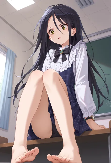 ( score_9, score_8_ up the side, score_7_ up the side, ),
Kaha _One,Alone, long hair, yellow eyes,  black hair, open your mouth , dress, Watch Viewers , ,  plaid skirt, white shirt,  black bow,Frilled,  cowboy _shot, Black Panty Hoses , Sitting,  blue skir...