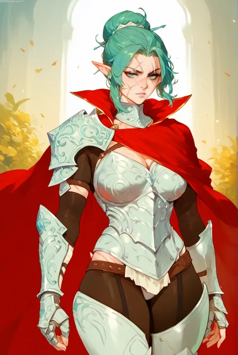 Woman, pointy ears, scars on the body, Green hair, blue hair tips, hair tied in a High bun,Armor,Scar on the eye ,Red cape with fur 