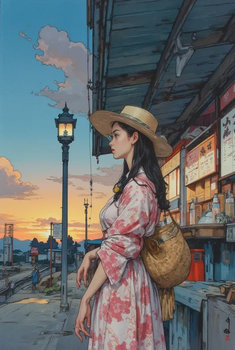    picture inspired by Kubrick movie  ,  Movie stills, Screenshot of the movie from the quiet station platform A woman posing outside the White Line,  floral dress,  straw hat,Light blue sunglasses ,   naive art   ,  Japanese model waiting in a food stall ...