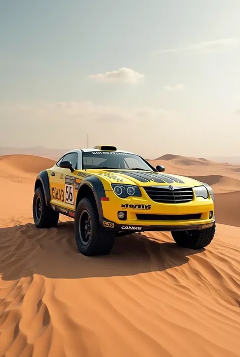  Realistic photo, crysler crosfire, 2003, yellow with matte gray details, versão de rally dakar, Body kit on top of a dune in the desert 