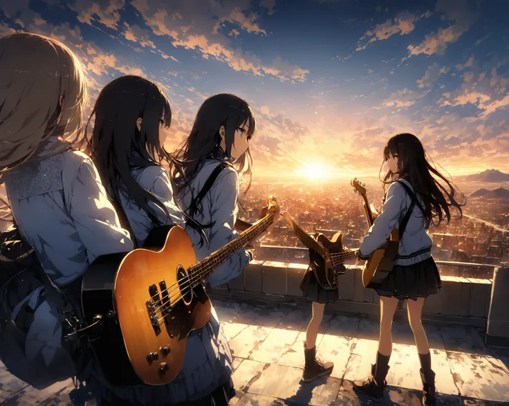 ( top quality:1.2, very well detailed ,  ah high contrast , top quality,  Best Aesthetics), 2 High School Girls, black hair、Winter clothes （（  playing face to face ）） girl playing a musical instrument  (There are girls playing guitar and bass left and righ...