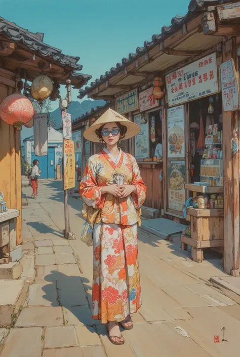    picture inspired by Kubrick movie  ,  Movie stills,Peaceful movie screenshot of a woman posing outside a food stall village,  floral dress,  straw hat,Light blue sunglasses ,   naive art   ,  Japanese model waiting in a food stall village  ,Detailed Gou...