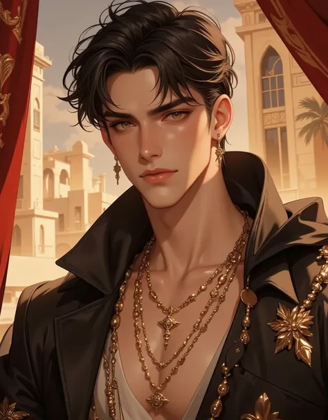 Middle East prince, golden tan skin, dark brown hair, brown eyes, wearing middle east royal outfit, posing, handsome, warm lighting, middle east palace background, avoid blank stares, adds expressions, semi realism art, digital art style