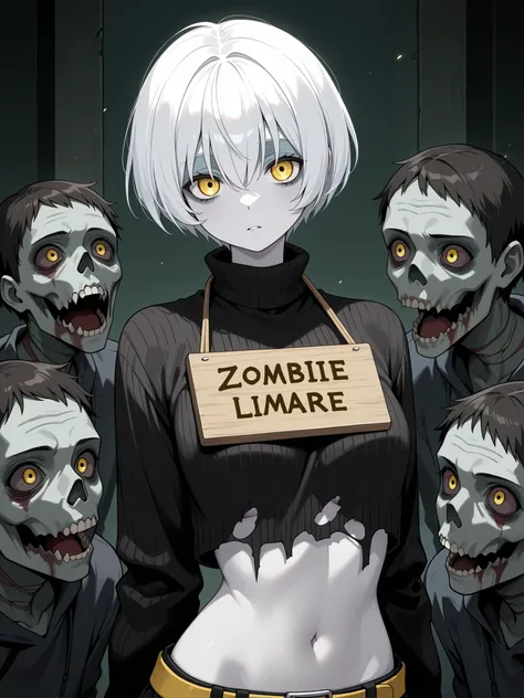 Alone ,White hair, zombie, short hair, female, yellow marie belt, black ripped sweater, pale lime skin, board around neck, face through torso