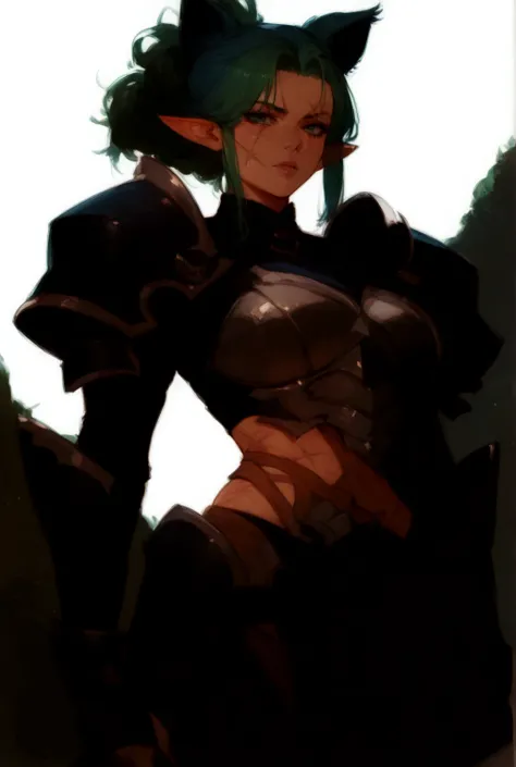 Woman, pointy ears, scars on the body, Green hair, blue hair tips, hair tied in a cone bun,Armor,Anime style 