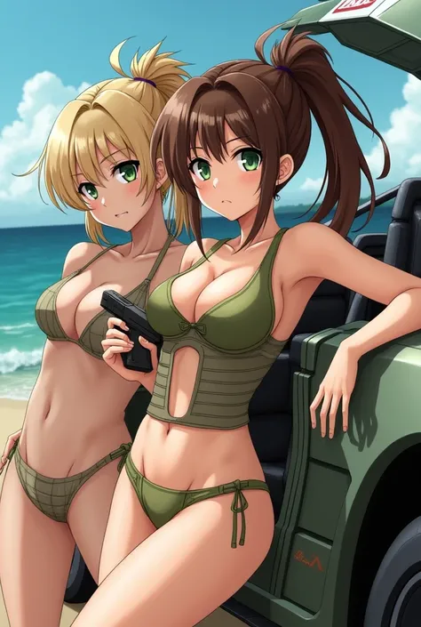 Three racing girls pose sexy while leaning on a futuristic armored car, I'm carrying a parasol, Beach background, (masterpiece,  best quality ), Khaki tank top with deep chest jacks and high-leg bikini bottoms, bulletproof vest that exposes the sternum, Be...