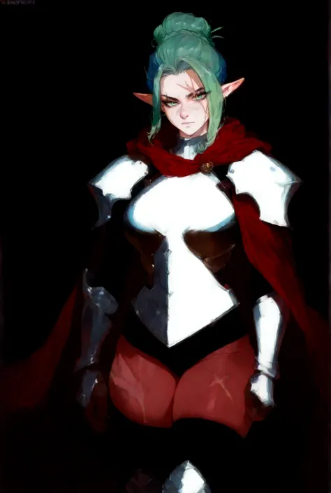 Woman, pointy ears, scars on the body, Green hair, blue hair tips, hair tied in a  bun,Armor,Scar on the eye ,Red cape with fur 