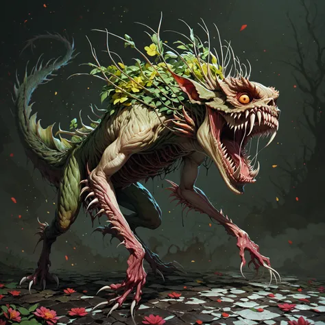 Floral Monstrosity, Mandragora, Mandrake, Carnivorous Floral Elemental, Sharp teeth, Scary, Horror, Fantasy Creature Concept Art, 