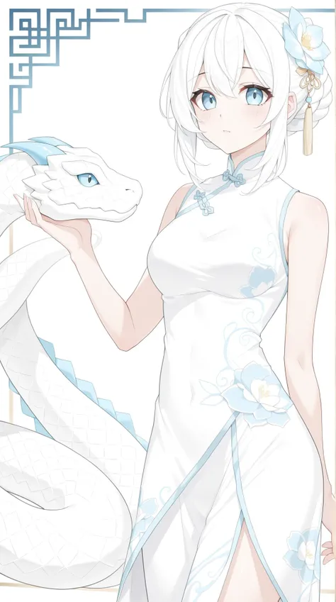 Alone,  girl in a white china dress, From a white snake to a dragon、 blue flowers on the background ,  Chinese Theme ,   is ridiculous,  Masterpiece,  top quality,  ultra high resolution