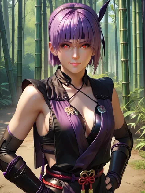  1 ,  hands on hips,  dynamic pose,  smile,  looking at the viewer ,  bamboo forest, (tiro de cowboy:1.1), cute pose, open plan,
 AyanExlp ,  purple hair,  short hair,  red eyes,  elbow gloves,   fingerless gloves , Armor,  hair band ,  Black Japanese clot...