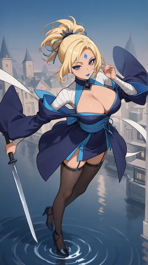 Anime, only (Lady Ninja kimono) 
(Age 21)
(Body weight slim like a hourglass) 
(Big breasts 34 ddd)
(Skin color tan) 
(Hairstyle ponytail)
(Hair color blonde) 
(Eye color sky blue)
(Eyeliner eyeshadow lipstick Black eyeliner blue eyeshadow and blue lipstic...