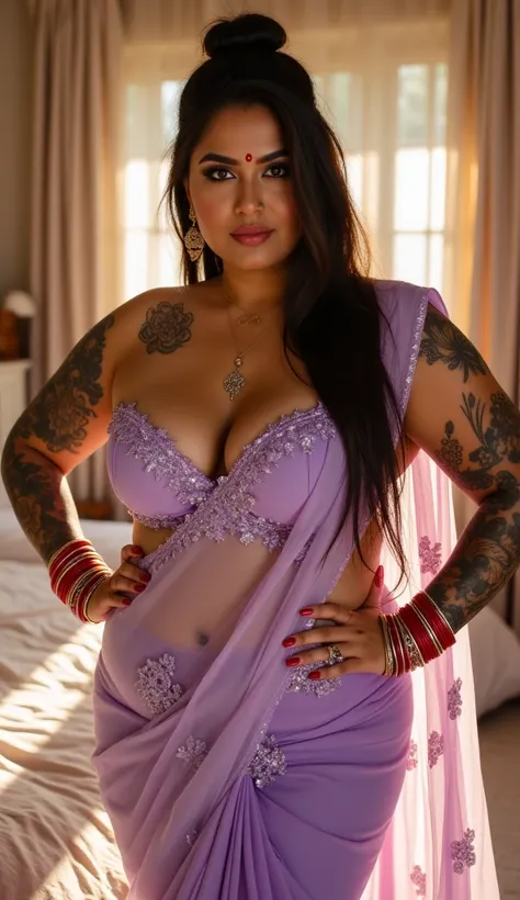 Indian beautiful woman sexy bhabhi sitting in bed, legs crossed on top of other,Hands on hips,showing dark armpits,strapless Sleeveless blouse,very deep cleavage,curvy plus size model wearing transparent embroidery lavender satin embroidery floral color sa...