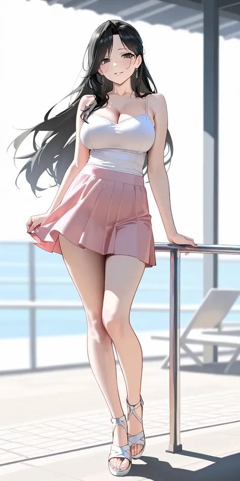 Masterpiece, elegant mature woman, sailomars\(sailomoon\), black long hair, tall body, white camisole, pink tennis skirt,  white gladiator style strappy sandals, full body, parted lips, smile, dynamic lighting, ultra detailed, highres, absurdres, terrace h...