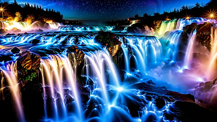 A masterpiece in 32K resolution , Top Quality , very detailed, realistic expression, high-resolution 32K wallpaper , shot with a fisheye lens , The flow of many layers of waterfall , Niagara Falls , spectacular scale ,A very high waterfall with ...