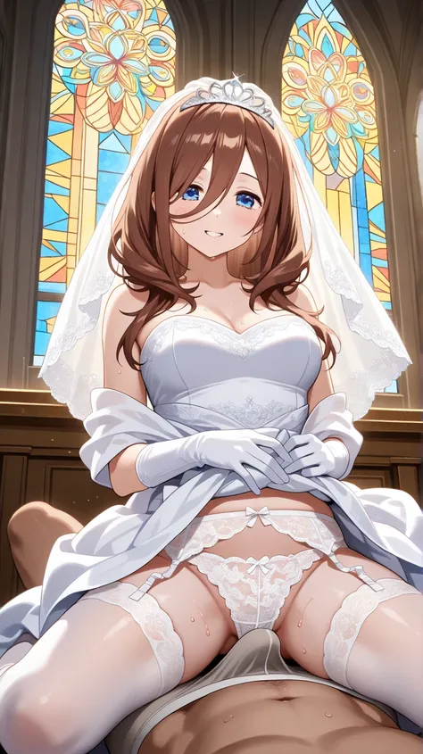 
(( white lace panties ))
((bride、 silver tiara、Veil、 Wedding Dress、 off shoulder dress、 wedding gloves 、 white tights、 white garter belt、))

((Brown long hair 、 blue eyes、))

 low angle、sweat、front、Nakano Miku、



sleeping naked man  、 girl sitting on top...