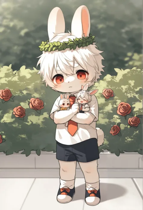 Dwarf rabbit boy ，furry boy with white hair， Toddler，Rose bush，tie，Short sleeve， shorts，Wearing a wreath