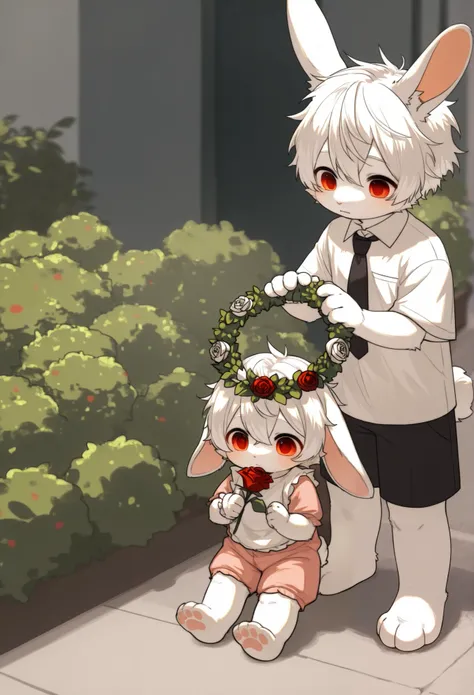 Dwarf rabbit boy ，furry boy with white hair， Toddler，Rose bush，tie，Short sleeve， shorts，Wearing a wreath