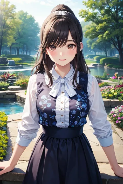 Takane Manaka, shiny brown long hair, ponytail with white ribbon, beautiful brown eyes, smiling face, sparkling pupils, (fine grain), highly detailed eyes, highly detailed face, highly detailed eyes,, (masterpiece:1.2, best quality), 1 girl, cowboy shot,, ...