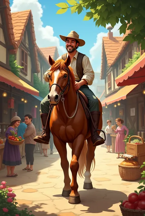 A picture of Joh and his horse in the village on his way to the market