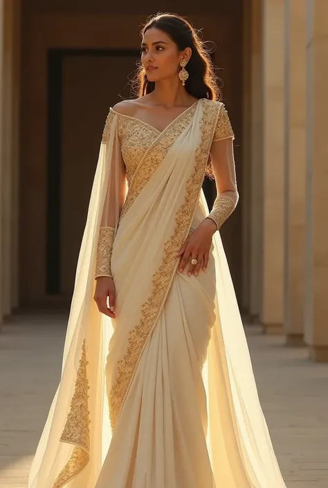 gold and ivory sareee modern bridal saree with sleeva ad unique