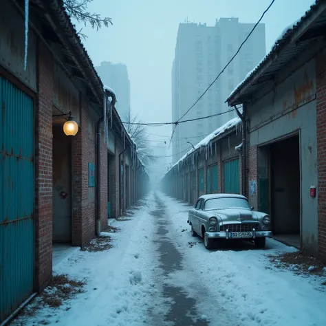  The endless labyrinth of Soviet-era garages stretches endlessly under the towering concrete monoliths of post-Soviet skyscrapers. morning light, cold, pale blue ,  barely touches rusty metal roofs ,  covered in thick snow .  some garages stand proudly ,  ...