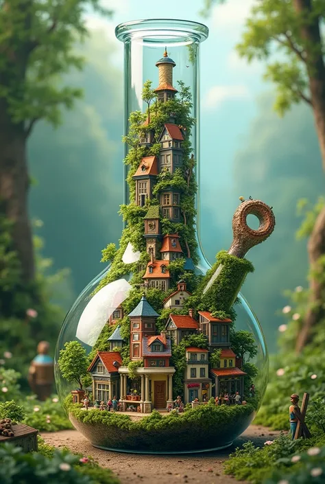 A large clear bong with a cute city living inside. Lots of vegetation and houses  