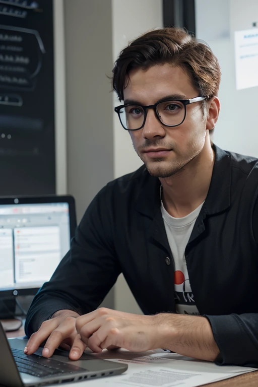 Make a picture of a handsome man wearing glasses and wearing a shirt coding a programme with the theme of data science.