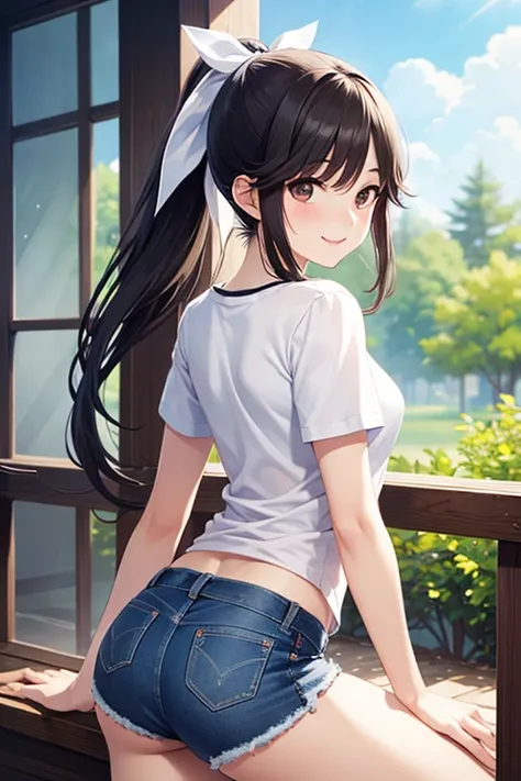 Takane Manaka, shiny brown long hair, ponytail with white ribbon, beautiful brown eyes, smiling face, sparkling pupils, (fine grain), highly detailed eyes, highly detailed face, highly detailed eyes,, (masterpiece:1.2, best quality), 1 girl, cowboy shot,, ...