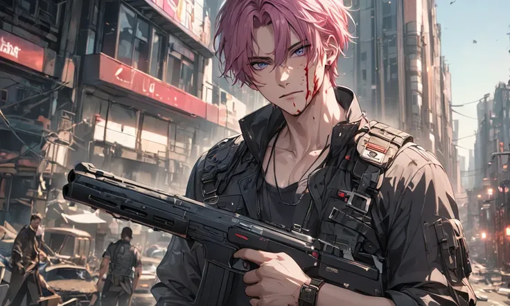 (masterpiece, best quality), 1male, Handsome and beautiful male, Short hair, pink hair, puple eyes, beautiful detailed eyes, city, apocalypse, Holding gun, blood on face, looking at viewer,natural lighting, vibrant colors, cinematic lighting, soft focus, h...