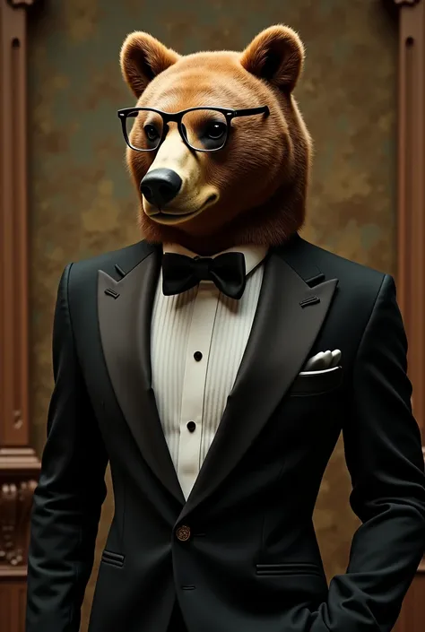 It generates an elegant person with the head of a grizzly bear with eyeglasses