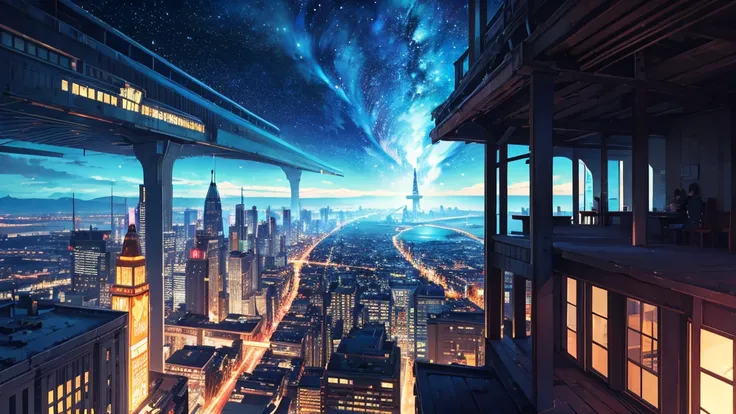 Ultra-wide field of view，（floating：1.5），（A huge double-ring steampunk city floating in space：1.3），（ Light up the futuristic steampunk city：1.4），（ light rain：1.4），（Makoto Shinkai style：1.4），Look forward ， perfect quality，clear focus（ clutter - At home ：0.8）...