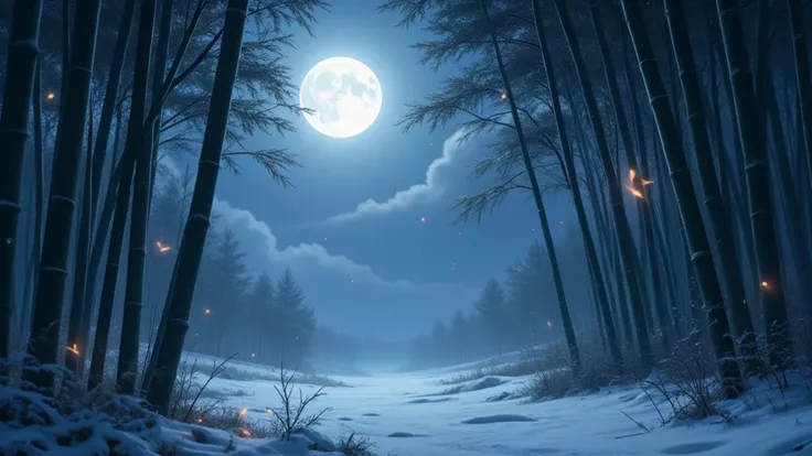 silent Night, quiet bamboo forest,  bamboo leaf fall with the wind, Full moon in the sky , Fireflies fly