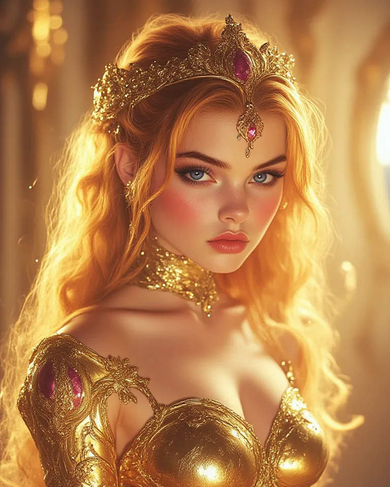 FOTO  COMPLETO DE UNA MUJER DE 20 AÑOS EXTREMADAMENTE HERMOSA con Traits europeos  DE PERFIL  Cabello largo y sedoso rubio dorado   ,  blue eyes,    blushed cheeks,  white skin,  WEARING A GOLDEN QUEEN'S CROWN ,  with a beautiful GOLD dress !! covered in l...