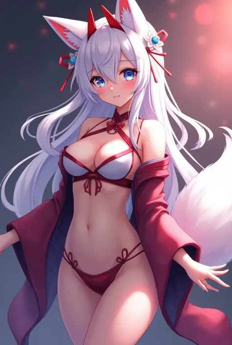  thong, 4K, HDR, RAW photo, ultrafine detailed , Spirit Blossom Ahri, 1 girl,  red horns, ahri (league of legends),  mustache marks, tail,  white hair, Alone,  long hair, tail de raposa,  facial mark ,  blue eyes,  Japanese clothes,  looking at the viewer ...