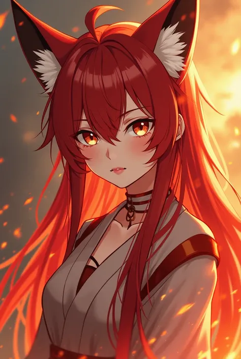 a picture of a girl with red hair and a cat ears, an ultrafine detailed painting by Kanbun Master, pixiv contest winner, furry art, a beautiful fox lady, holo if a wolf girl, holo is a wolf girl, ethereal fox, kitsune, fox nobushi, appears as the fire godd...