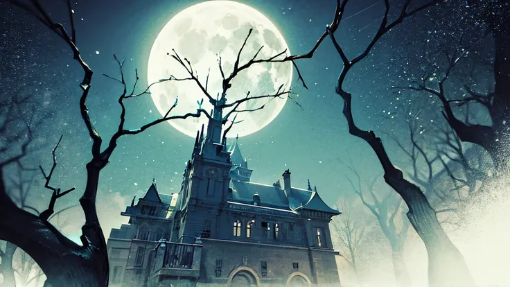 Look up，（Moonlit night），（Oversized fantasy skeleton fortress：1.4），（（Skeleton Castle）），Ast，Lots of branches，greenish tint， green color ，Misty atmosphere，dark clouds，，mysterious and dark，Blood vessel，uncanny，Misty atmosphere，thick teeth ，opaque，Streamer，Subs...