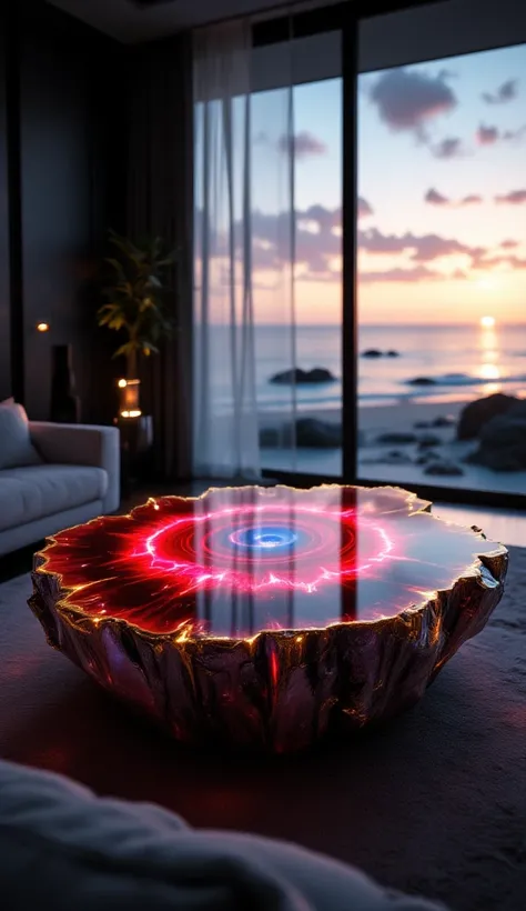 部屋には光り輝きIlluminateルイヴィトンのロゴマークのポスターが飾られています。A luxurious room with a refined design in black and white。luxury coffee table designed like a giant crystal stone。It features a complex crystal structure and deep red agate layers 。 The polished glass top plate 、...