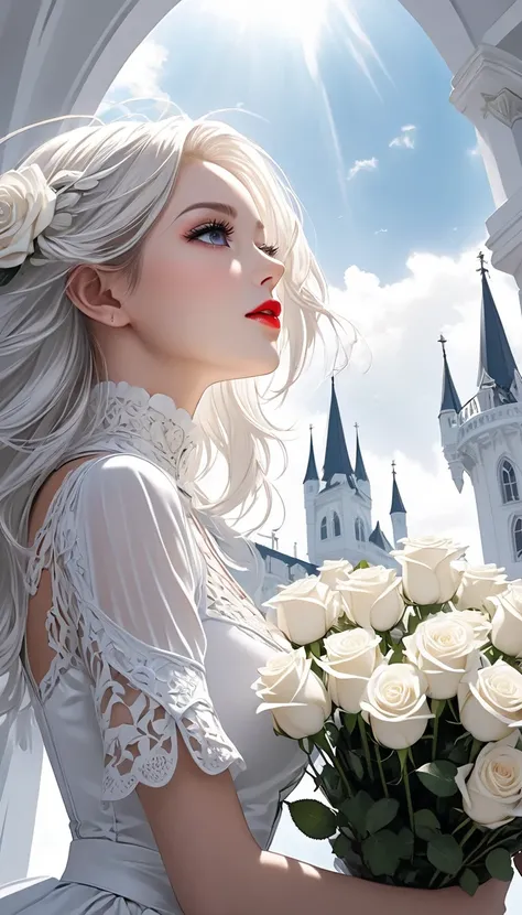  white gothic woman , White clothes,  highly detailed gothic flavor,  white pop art background , white fantasy ,  I'll give you a bouquet of pure white roses, Pure white cafe terrace, pure white sky, BREAK shot from below, \You'll be captivated \,