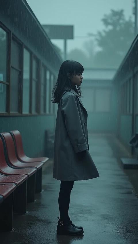  A female student in a gray coat slowly stood up in the rain。The whole video creates a melancholy vibe 。