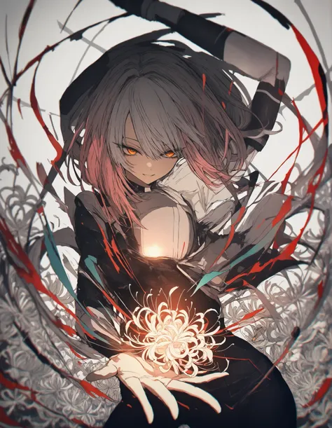  by washiya0 , masterpiece, high score ,  excellent score ,  A very high resolution , 
 1 girl,  alone, pink hair , orange eyes , Eyes Shining ,   jeans,  magic,light aura, spider lily flower  , Transmission line , ê³¼ ë°©í , Stretched , dynamic posture , ...