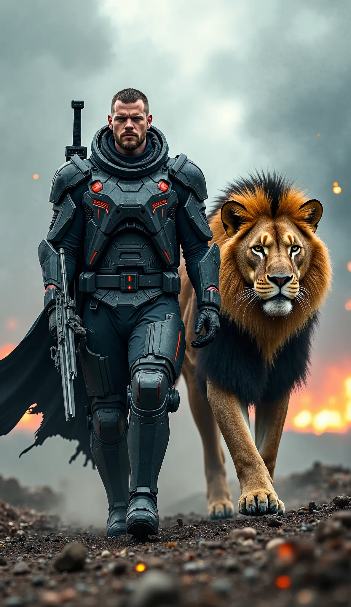 "Create a highly detailed and dramatic scene of a battle-hardened military warrior striding forward with his fierce lion companion. The warrior wears futuristic, battle-worn armor with glowing red accents, a long cape flowing behind him. His helmet is part...