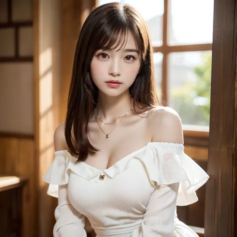  body、Full body Esbian、Lean forward ,  Very Thin Waist 、( very big breasts:1.3)、 plump thighs 、Natural skin、Ultra-thin face、 Extremely thin hands,  Very thin fingers , Best ratio、 surreal, ((  cute dress、  too much skin exposure、 OFF SHOULDER、The length is...