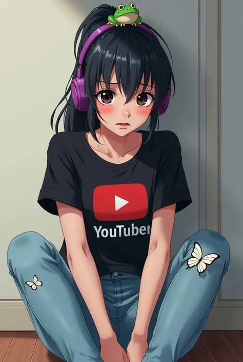  Create an anime with light jeans and with butterflies drawn on the pants just two white butterflies on the left side. A black blouse with short sleeves and the YouTube symbol written on the blouse and written with the word  " youtuber ".  Black hair with ...