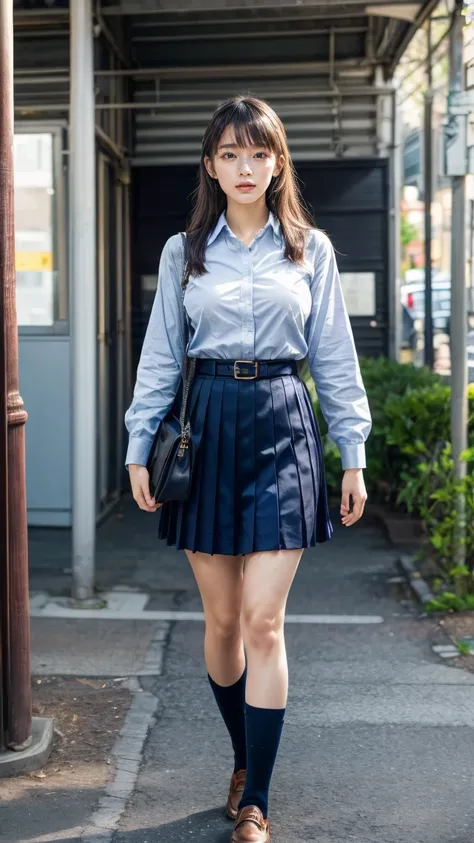 a beautiful 18 year old Japanese high school girl with perfect anatomy, healthy thighs, beautiful legs, beautiful skin, random hair color and style, large breasts, (wearing a Japanese schoolgirl uniform:1.3), (she is standing:1.2), penny loafers, holding a...